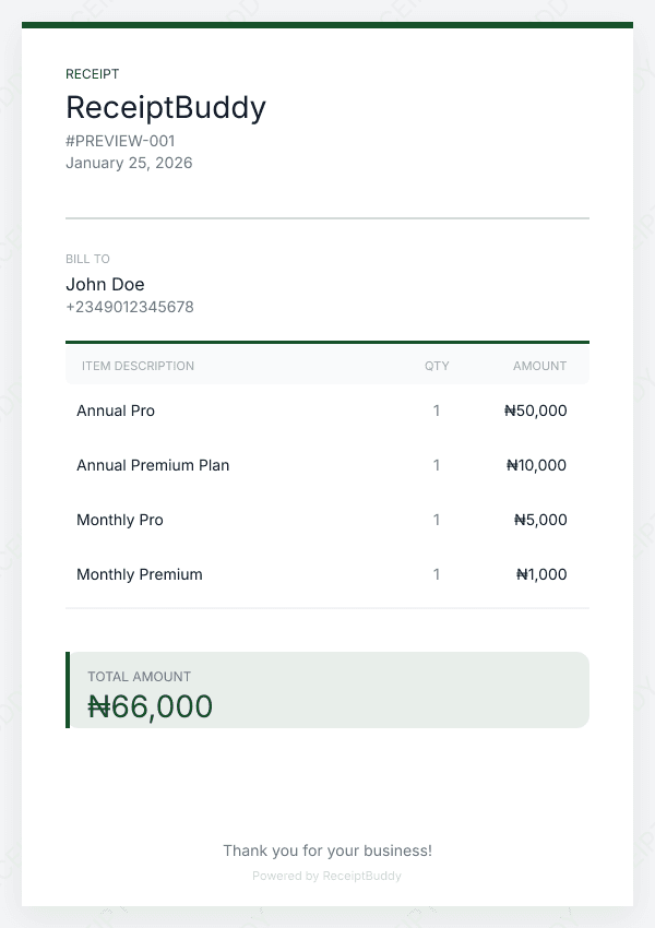 ReceiptBuddy app preview showing WhatsApp receipt