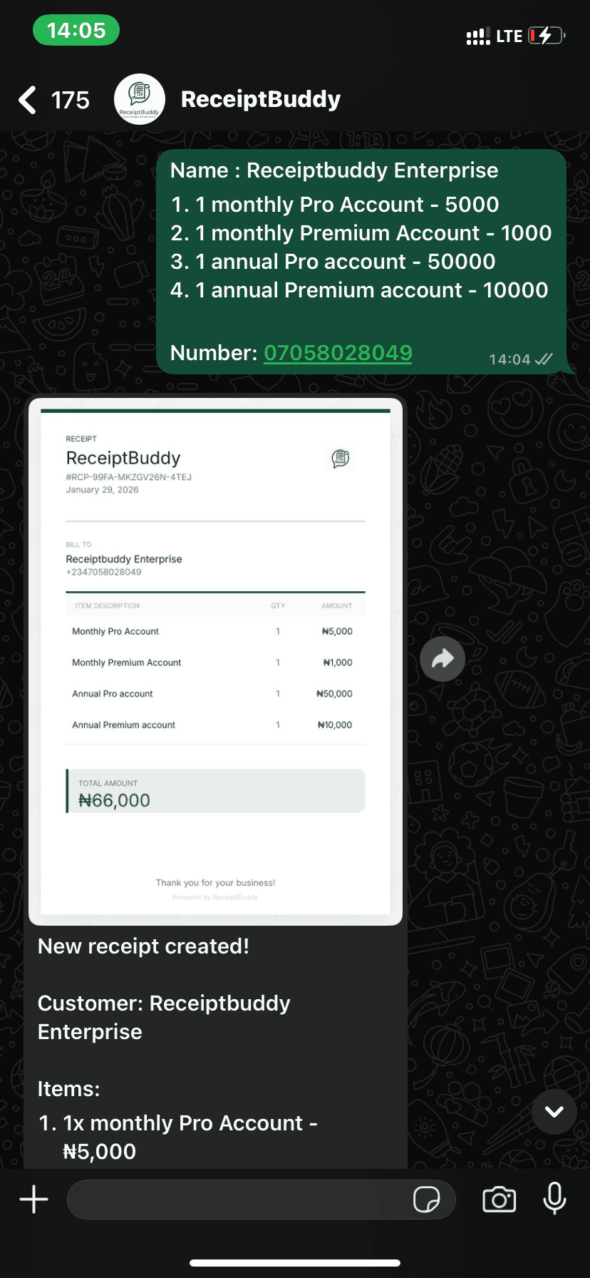 WhatsApp chat with ReceiptBuddy bot